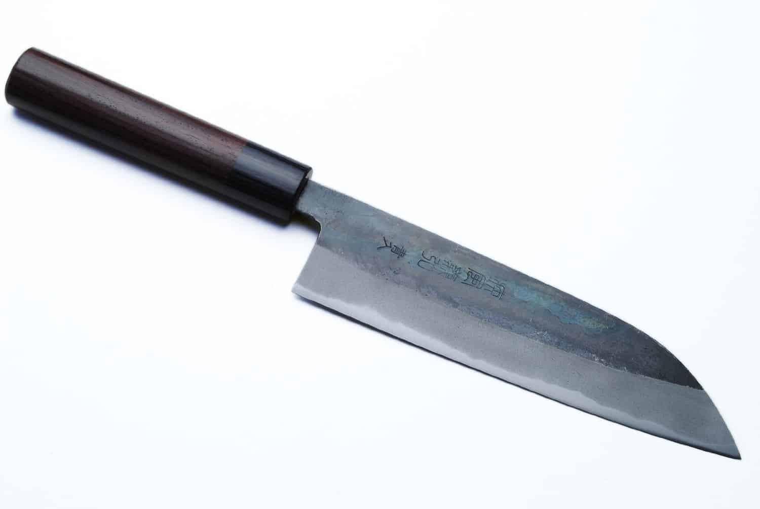 Yoshihiro Mizu Yaki Blue Steel Kurouchi Santoku Chef Knife 7 Inche Shitan Handle